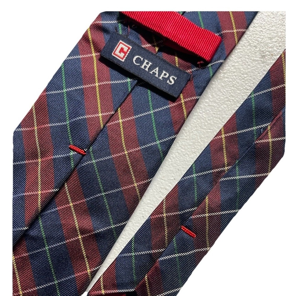 Chaps Plaid Necktie Navy Blue Burgundy Red Yellow Silk Blend Tie